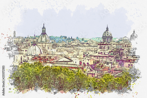 Canvas Print Watercolor sketch or illustration of a beautiful view of the architecture in Rome in Italy