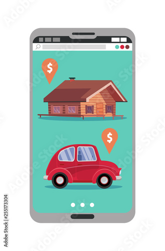 Smartphone with realty and car sales marketplace application featuring house and small classic city car with price tags. Online shopping app on mobile phone screen.Flat cartoon vector illustration.