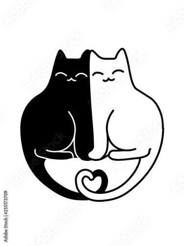 A Cartoon Vector Drawing Of A Black And A White Cats In Love Sitting Together With Their Tails Shaped Like A Heart