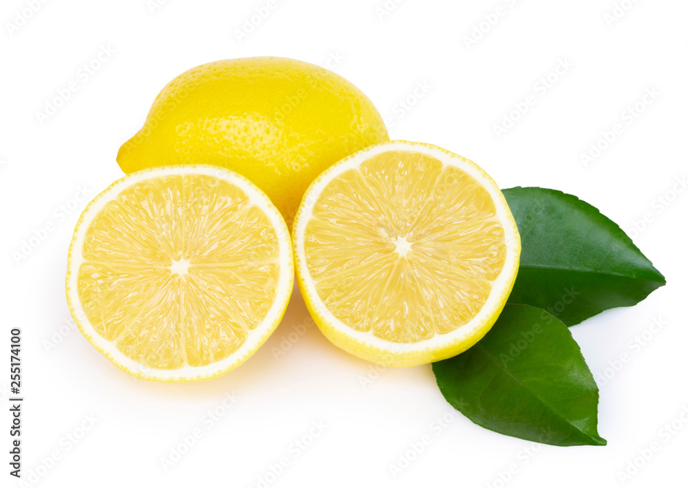 Closeup fresh lemon fruit slice with green leaf on white background, food and healthy concept Closeup fresh lemon fruit slice with green leaf on white background, food and healthy concept