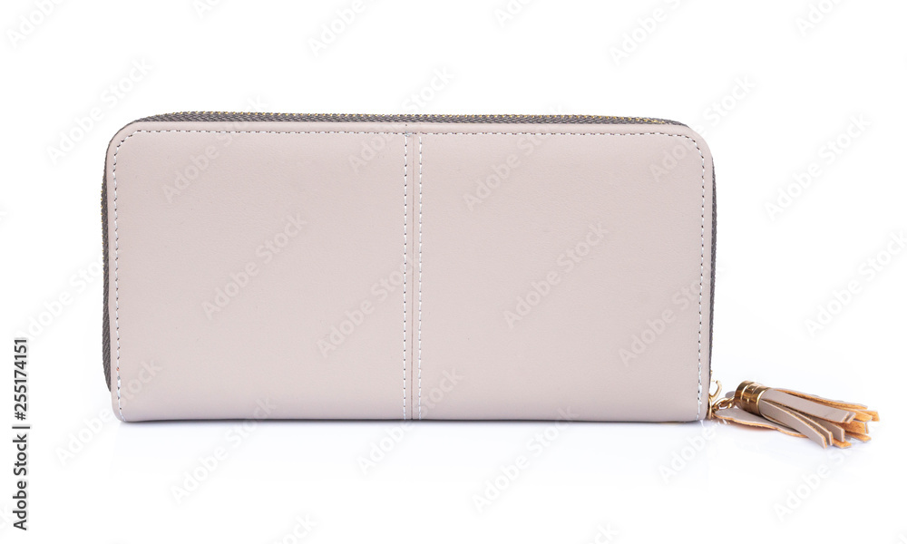 Closeup modern grey woman wallet fashion on white background Closeup modern grey woman wallet fashion on white background