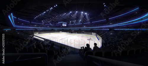 ice hockey arena interior angle view illuminated by spotlights, hockey and skating stadium indoor 3D render illustration background, my own design