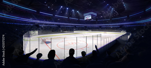 Photography ice hockey arena interior corner angle view with fans front, hockey and skating