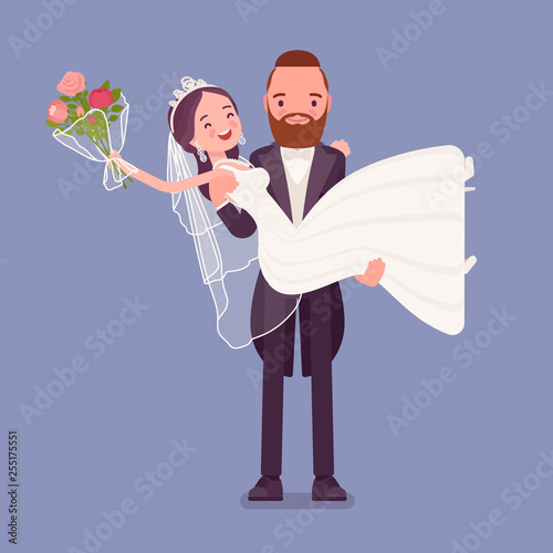 Groom carrying bride on wedding ceremony. Elegant tuxedo man, woman in a beautiful white dress on traditional celebration, married couple in love. Marriage customs and traditions. Vector illustration
