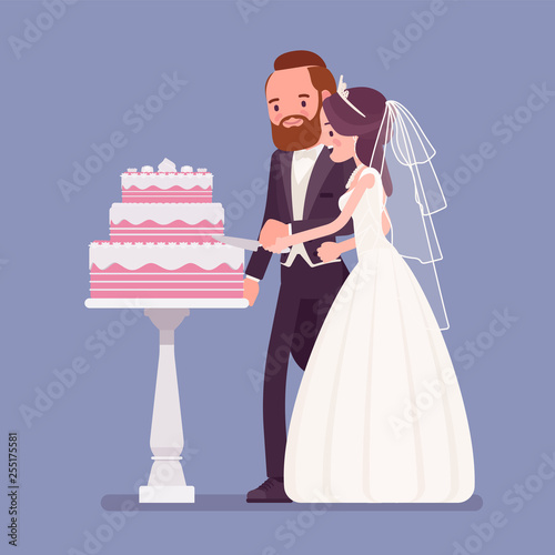 Bride, groom cutting cake on wedding ceremony. Elegant tuxedo man, woman in beautiful white dress on traditional celebration, married couple in love. Marriage customs, traditions. Vector illustration