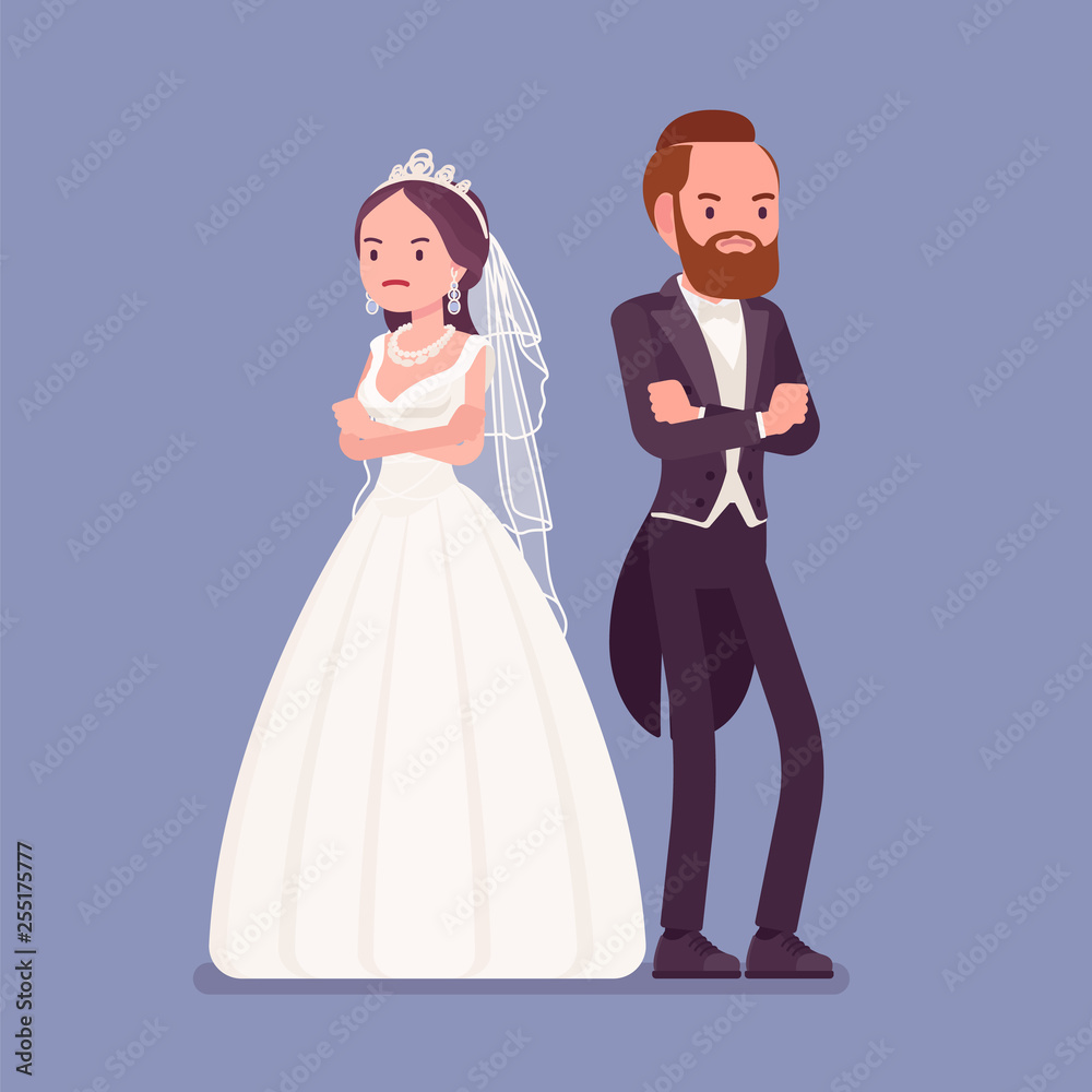 Vecteur Stock Angry offended bride and groom on wedding ceremony. Unhappy  tuxedo man and woman in beautiful dress on traditional celebration, sad  married couple. Marriage customs and traditions. Vector illustration | Adobe