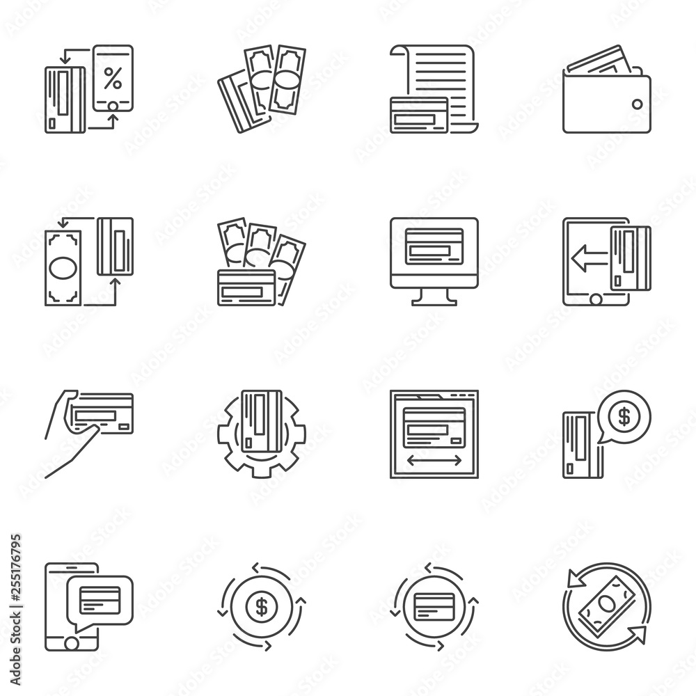 Set of Credit and Debit Card concept line icons. Vector Payment symbols or design elements in outline style Set of Credit and Debit Card concept line icons. Vector Payment symbols or design elements in outline style