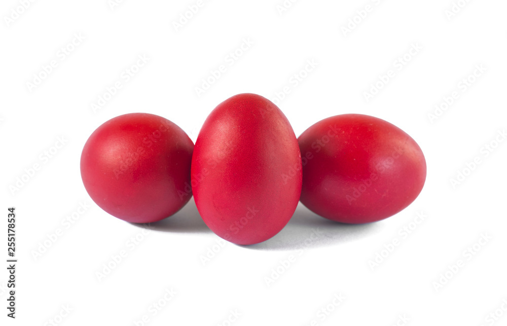 Three red easter eggs isolated on white background Three red easter eggs isolated on white background