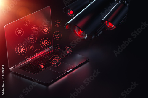 Hostile cameras searches computer for passwords, sensible data and possible backdoors. Internet surveillance. Vulnerability for hacker attacks concept. 3D rendering