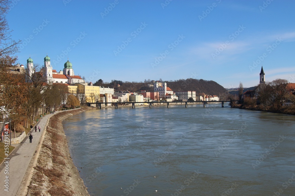 Panoramic view of Passau in February. The Inn river, bridge and old town. Bavaria, Germany, Europe.