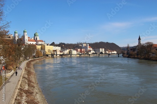 Panoramic view of Passau in February. The Inn river, bridge and old town. Bavaria, Germany, Europe.