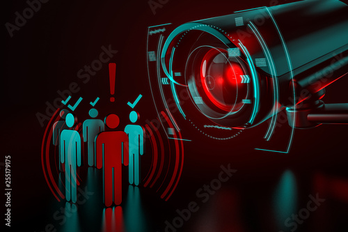 Giant camera checkes group of people as a metaphor of AI-driven (artificial intelligence) surveillance system taking control over world we know concept. 3D rendering