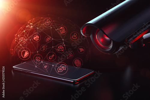 Mobile data surveillance. Data vulnerability for tracking and surveillance concept. 3D rendering