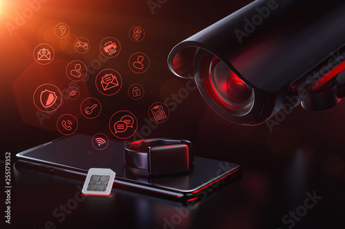 Cctv invigilates apps and mobile data traffic. Privacy, Surveillance, Data Tracking and collecting user data concept. 3D rendering