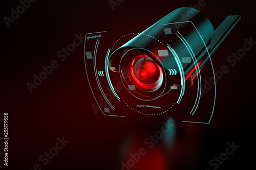 Security surveillance camera with interface or HUD around it on an even background. Copy space for text on left side. 3D rendering