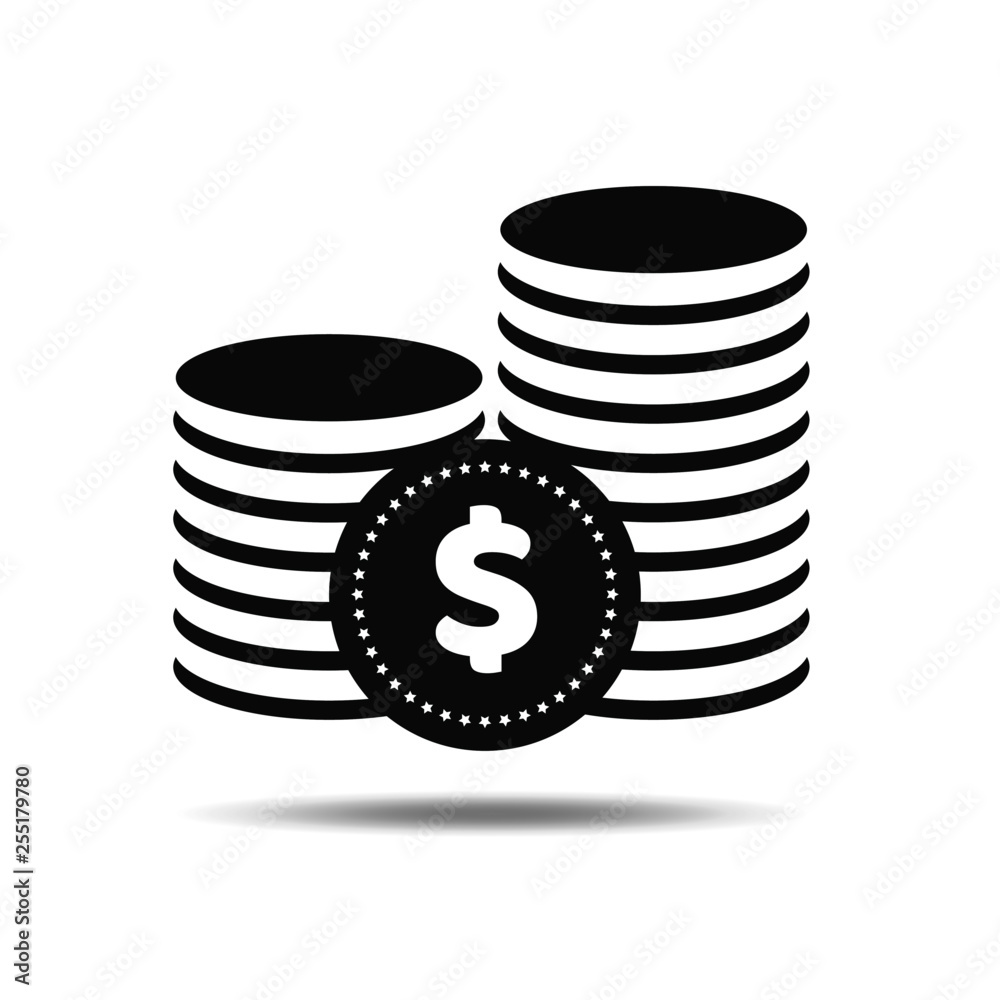 Black coin icon. Stack or pile of coins. Dollar isolated on white background. Vector illustration Black coin icon. Stack or pile of coins. Dollar isolated on white background. Vector illustration