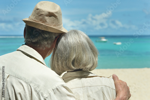Portrait of elderly couple rest at tropical resort