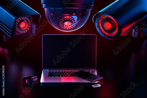 Cyber safety and data leakage concept: computer and other devices observed by hostile looking cctv's. 3D rendering