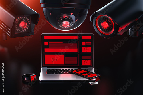 Data leakage concept. Three different cctv camera is spying on a computer checking for sensitive data, passwords. 3D rendering