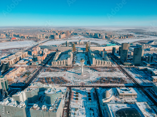 ASTANA, KAZAKHSTAN : aerial view on the center of the city near The Baiterek Tower at the winter