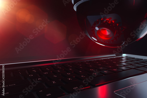 Dome cctv and keyboard in close up shot. Artificial Intelligence and possible threats concept. 3d rendering