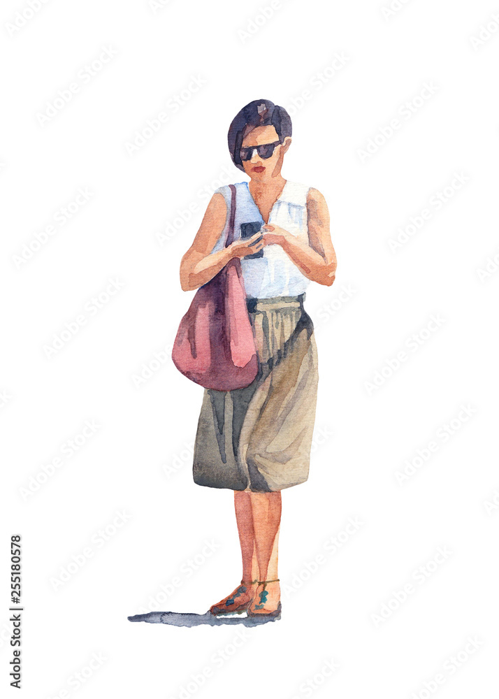 Woman in black sunglasses, a white blouse, a khaki skirt and sandals with a cherry bag on her shoulder looking into her mobile phone. Tanned brunette with short hair. Watercolor illustration. Woman in black sunglasses, a white blouse, a khaki skirt and sandals with a cherry bag on her shoulder looking into her mobile phone. Tanned brunette with short hair. Watercolor illustration.