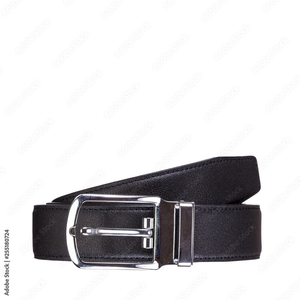 Fashionable men's black leather belt with silver metal buckle isolated on white Fashionable men's black leather belt with silver metal buckle isolated on white