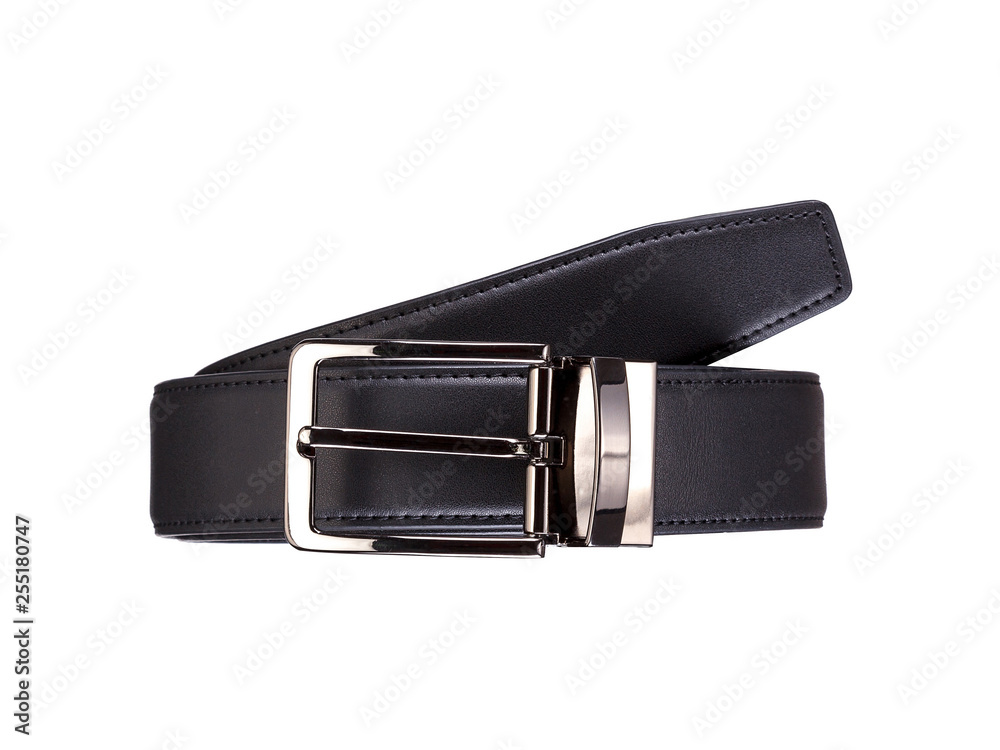 Fastened fashionable men's black leather belt with silver metal buckle isolated on white Fastened fashionable men's black leather belt with silver metal buckle isolated on white