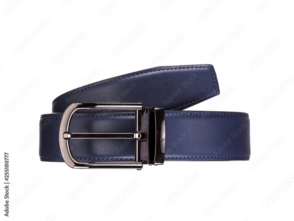 Rolled fashionable men's blue leather belt with dark matted metal buckle isolated on white Rolled fashionable men's blue leather belt with dark matted metal buckle isolated on white