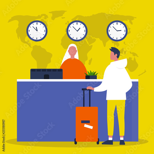 The reception desk. Airport check in. Hotel lobby. Service. Flat editable vector illustration, clip art
