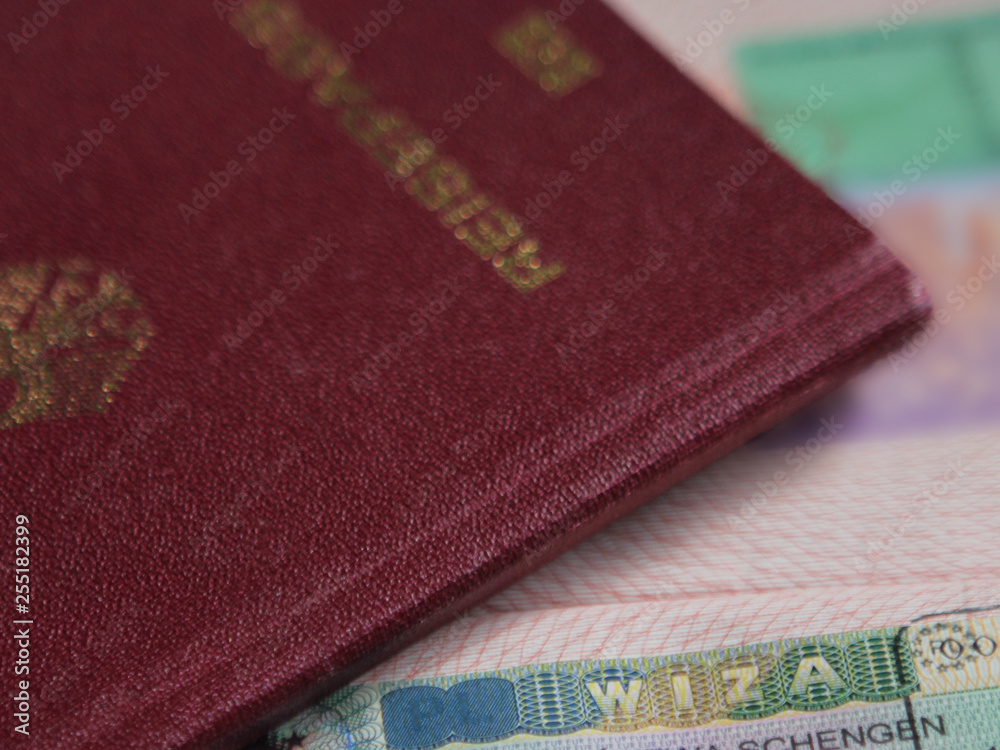 Visa stamp in passport, passport in the background. Travel concept. Close up. Visa stamp in passport, passport in the background. Travel concept. Close up.