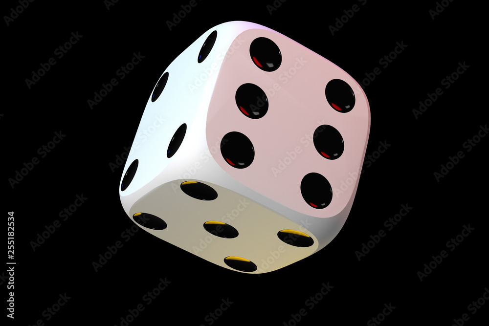 Close up of white playing dice, rotating on black background.
