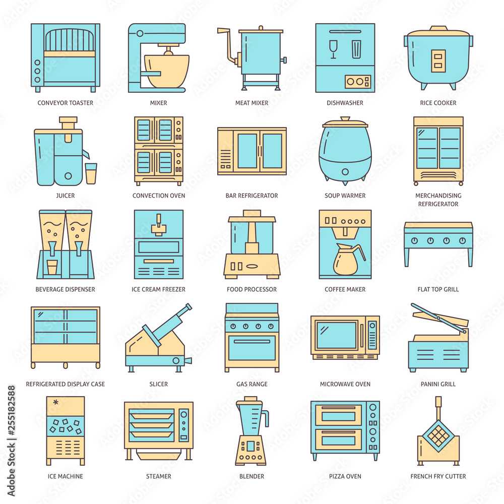Fototapeta premium Restaurant kitchen equipment icon set in line style