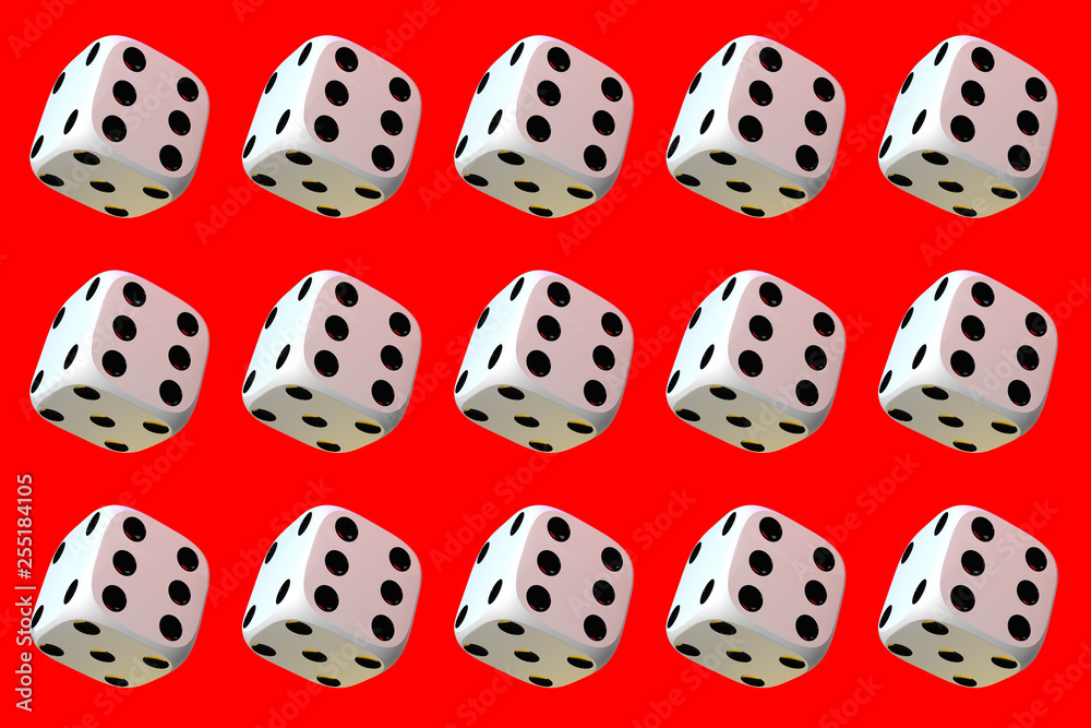 Close up of many playing dice, rotating on red background. Close up of many playing dice, rotating on red background.