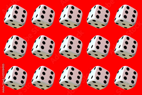 Close up of many playing dice, rotating on red background.