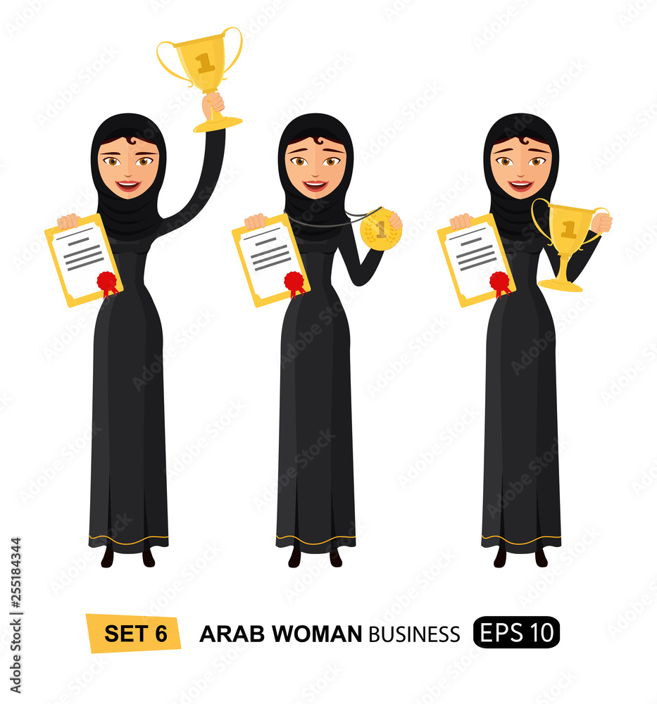 Happy smiling flat woman raising up trophy medal certificate businesswomen winner success vector isolated on white background