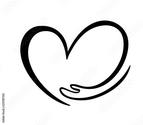 Icon of kindness and charity, Hand and heart. hand hug heart symbol Valentines day or love. Hand drawn graphic illustration boy and girl in love, love for nature, ecology