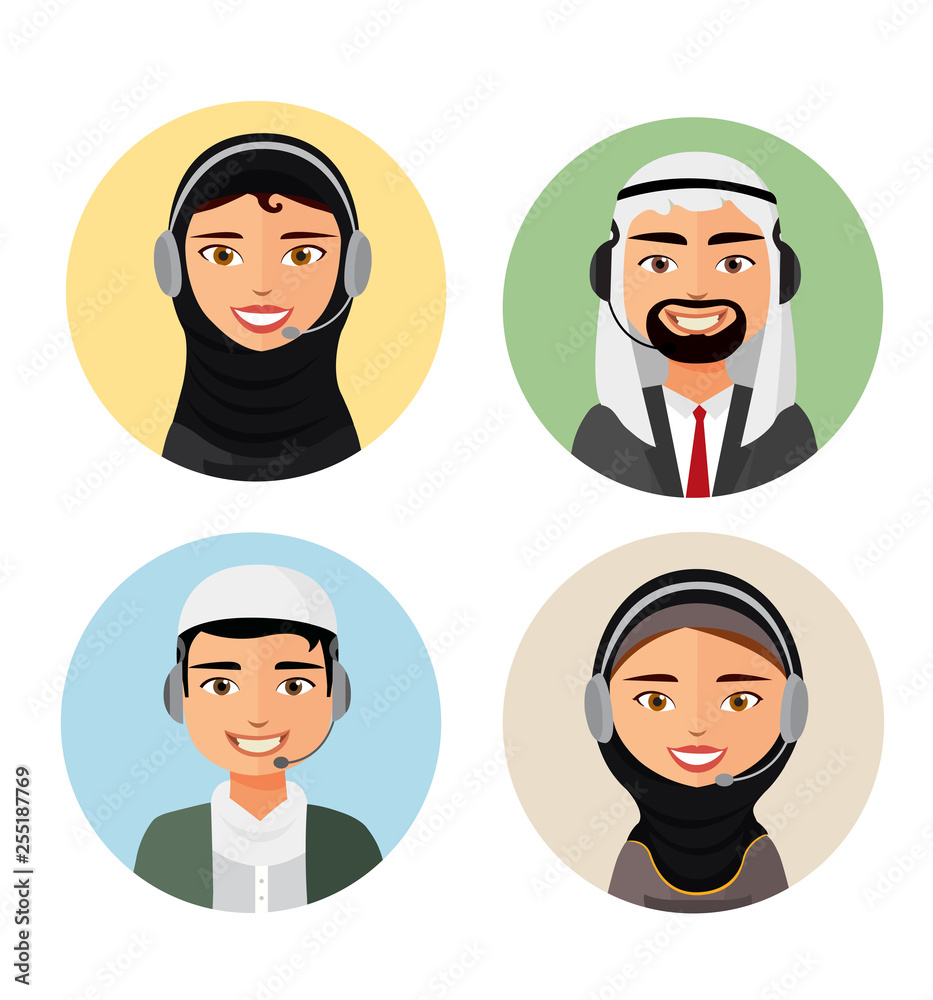 Call center operator with headset arab people icon and client services customer support phone vector arab man and woman. Call center operator with headset arab people icon and client services customer support phone vector arab man and woman.