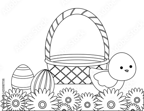 cute chicken with basket and eggs of easter
