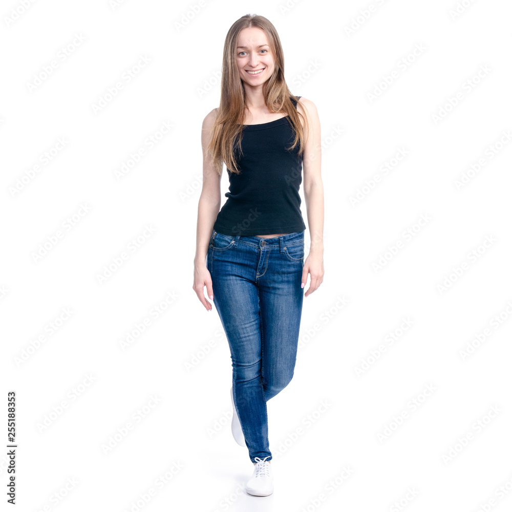 Woman in jeans walking goes on white background isolation Woman in jeans walking goes on white background isolation