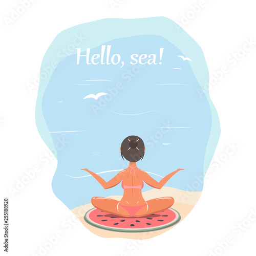 girl in a swimsuit on the beach doing yoga. vector illustration.