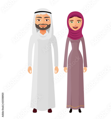 Arab couple man and woman together happy in traditional national clothes dress costume vector