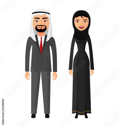 Arab couple man and woman together in traditional national clothes dress costume vector