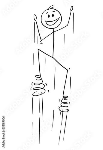 Cartoon stick figure drawing conceptual illustration of man enjoying jumping with springs on foots.