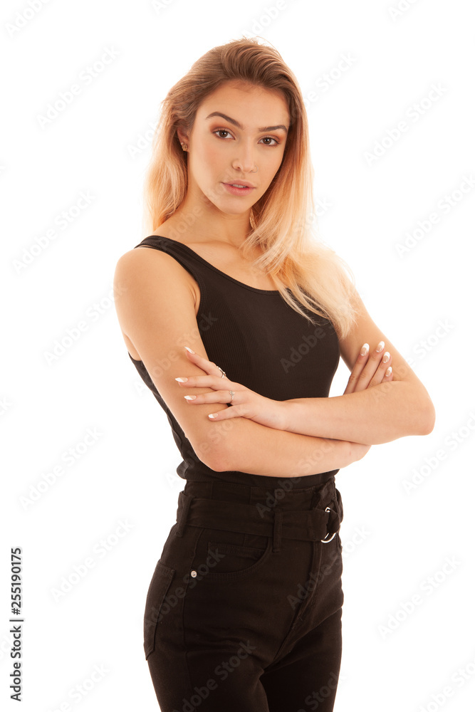 Stylish young woman in black stand isolated over white background and smile Stylish young woman in black stand isolated over white background and smile