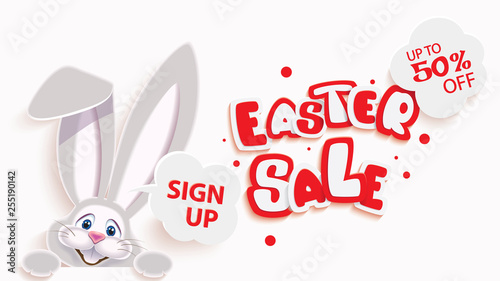 Easter sale web banner with cute gray Easter Bunny next to textual signboard,vector illustration of online shopping website