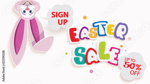 Easter sale web banner with topsy-turvy Easter Bunny next to textual signboard,vector illustration of online shopping website