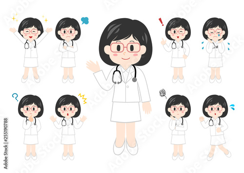 女性医師のポーズと表情のイラスト: 全身セット