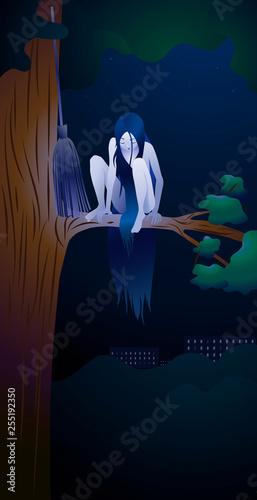Young cute witch is sad alone away from people, cartoon character. Night forest in the moonlight with town houses on the horizon. Vector illustration