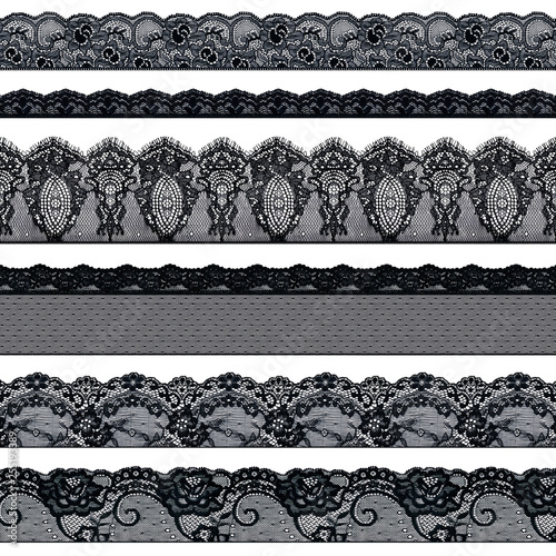 Set of elegant black lace ribbons on a white background. Lace braid.